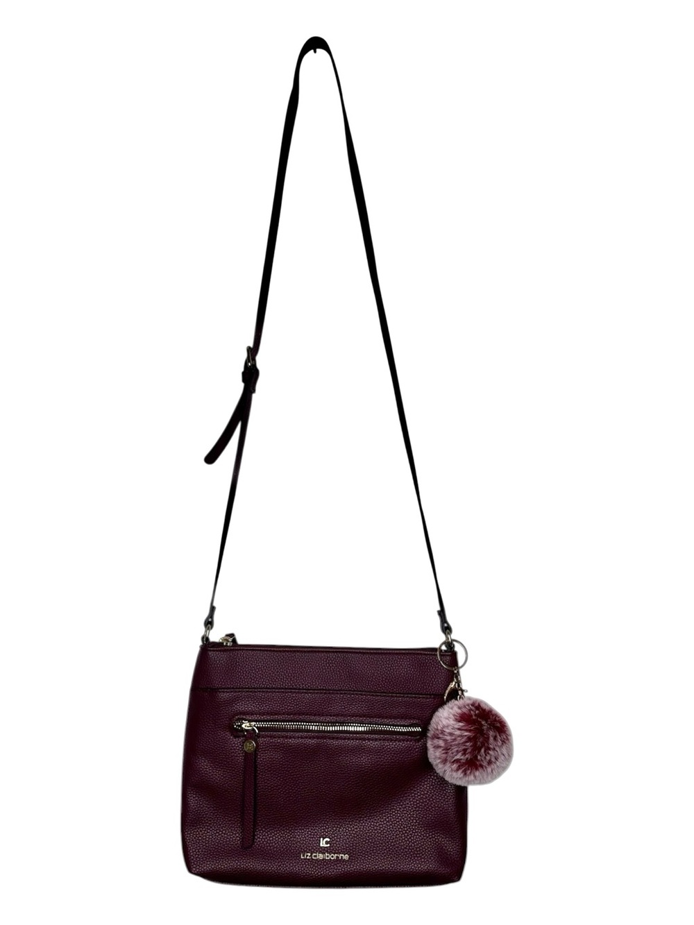 Liz Claiborne Crossbody Bag in Plum with Pom-Pom Charm